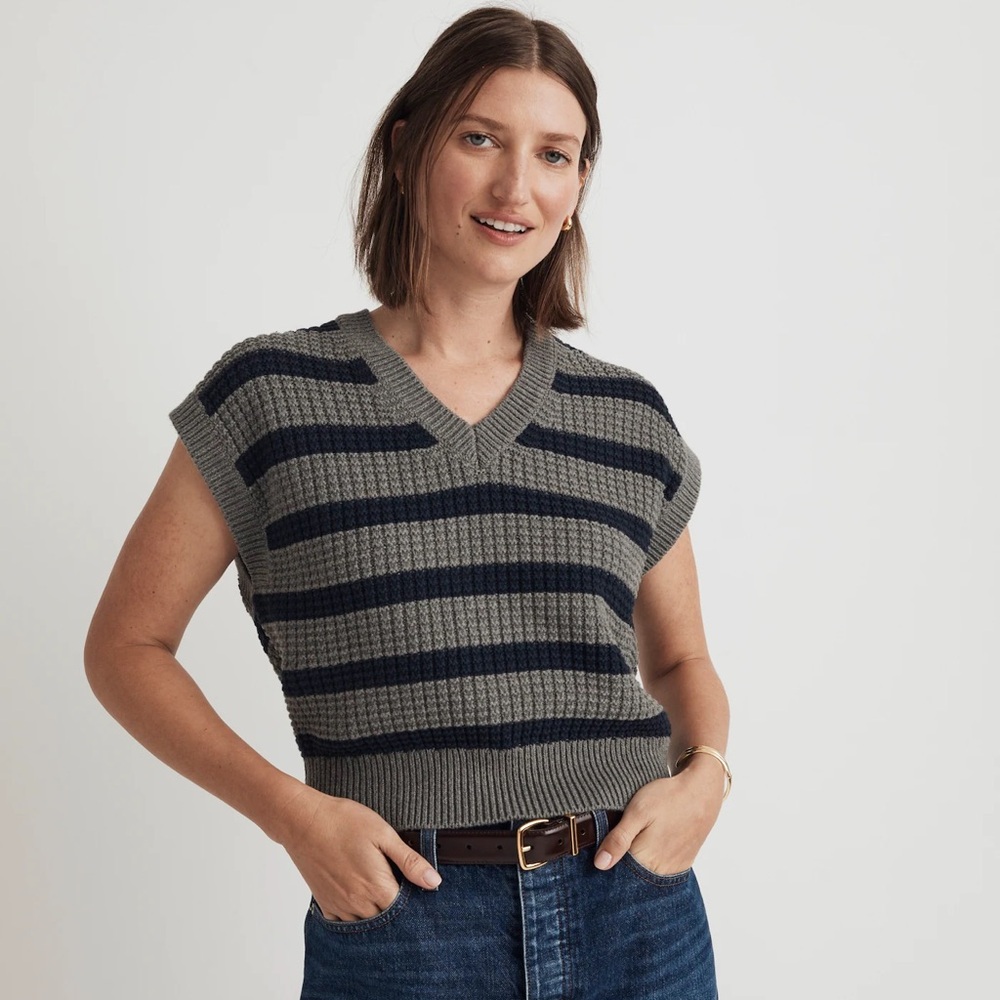 Madewell Waffle Knit Sweater Vest in Stripe - Size Small